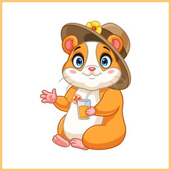 Fototapeta premium cartoon hamster relaxing wearing a hat and holding a glass of orange juice