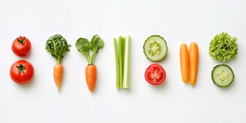 Fresh assortment of colorful vegetables neatly arranged on a white background