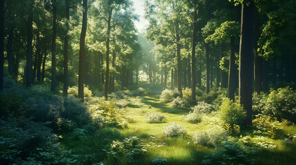 Obraz premium Malowniczy krajobraz leśny, w którym promienie słońca przenikają przez gęste, zielone liście drzew. 