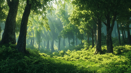 Obraz premium Malowniczy krajobraz leśny, w którym promienie słońca przenikają przez gęste, zielone liście drzew. 