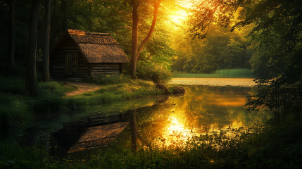  Urokliwa, skromna chatka z dachem pokrytym strzechą, położona w zacisznym lesie nad brzegiem spokojnego jeziora, delikatnie rozświetlona złotymi promieniami zachodzącego słońca.