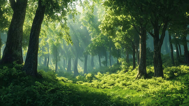 Fototapeta Malowniczy krajobraz leśny, w którym promienie słońca przenikają przez gęste, zielone liście drzew. 
