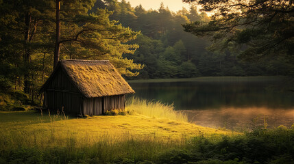  Urokliwa, skromna chatka z dachem pokrytym strzechą, położona w zacisznym lesie nad brzegiem spokojnego jeziora, delikatnie rozświetlona złotymi promieniami zachodzącego słońca.