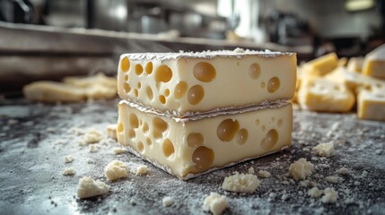 Swiss cheese on rustic kitchen counter - generative ai