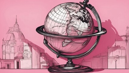 A drawing of an antique globe, as a flat illustration, done in gouache, pink and magenta