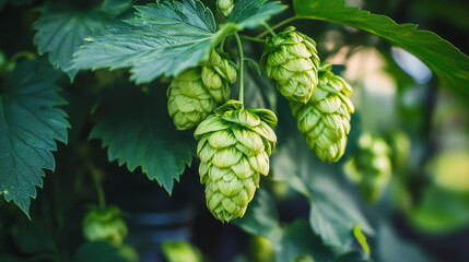  Bliskie ujęcie bujnych, zielonych szyszek chmielu rosnących na winorośli, otoczonych przez żywe liście ogrodowe, ukazujące te kluczowe składniki piwowarskie w ich naturalnym otoczeniu.