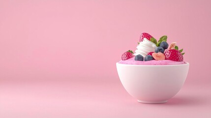 Pink bowl of ice cream with sprinkles and raspberries on a blue background.