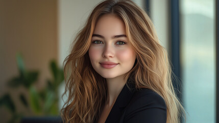 Zbliżenie na młodą kobietę w biznesowym stylu, z długimi, falującymi włosami i pewnym uśmiechem. W czarnej marynarce i w naturalnym świetle prezentuje się w sposób elegancki i profesjonalny.