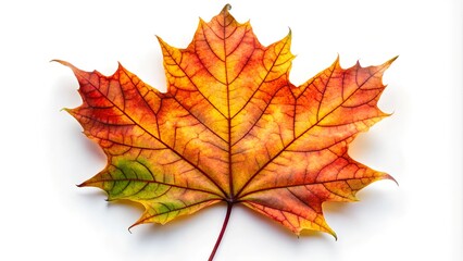 Fototapeta premium Single vibrant autumn maple leaf with intricate veins, isolated