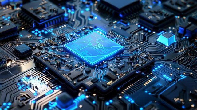Close-up of a glowing microchip on a circuit board, showcasing intricate electronic connections and advanced technology.