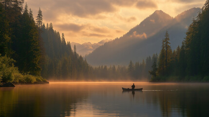Solitude on the Still Waters: A lone figure paddles a canoe across a tranquil mountain lake at dawn. Mist swirls around the water, casting an ethereal glow on the surrounding evergreen forest and maje