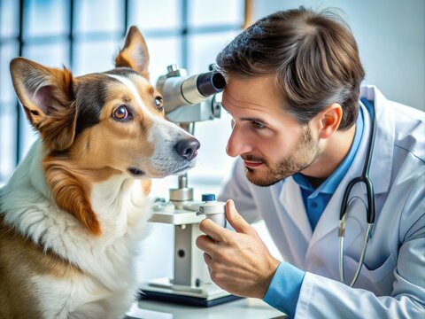 Veterinary ophthalmologist carefully examines canine eyes with slit lamp microscope to diagnose potential eye diseases or conditions such as glaucoma or cataracts.