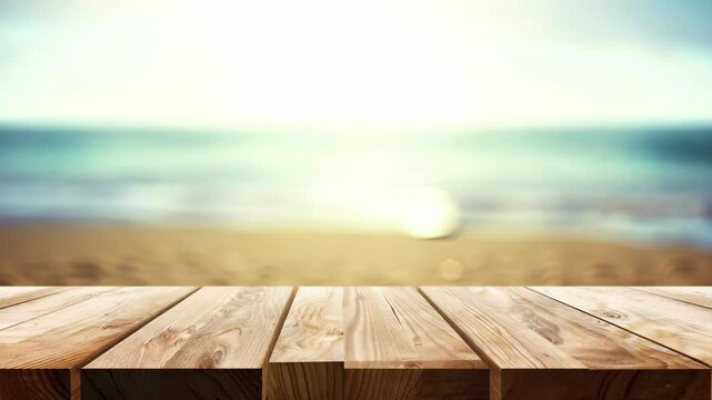 Beautiful empty wooden table overlooking a serene beach at sunset with gentle waves rolling in