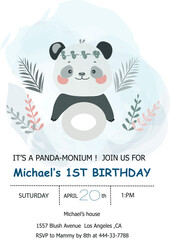 It's Panda Monium Children party invitation, Kid's birthday card with cute panda vector illustration
