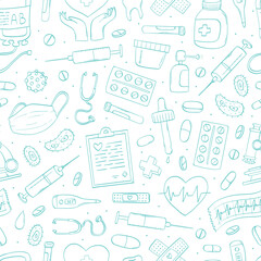 medical seamless pattern with doodles on white background. healthcare theme, world health day background, wallpaper, wrapping paper, coloring page, textile print, etc. EPS 10