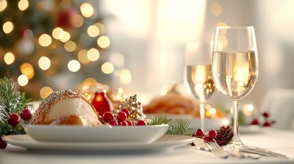 A beautifully set holiday dining table, adorned with festive decorations, as family members gather for a joyful holiday feast