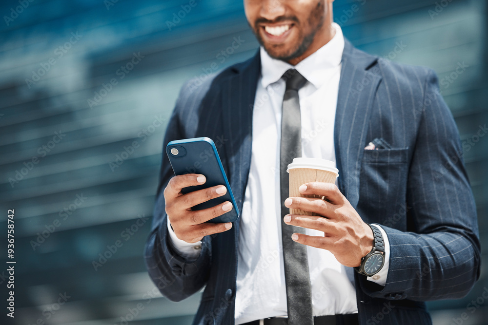 Poster businessman, hands and coffee with smartphone in city for conversation with client, downtown and net