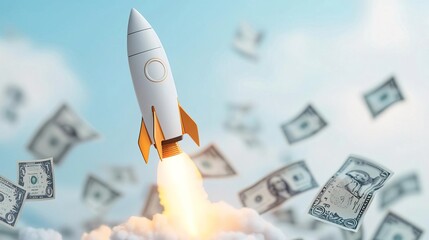A close-up of a rocket soaring through a sky filled with currency symbols, illustrating the concept of financial growth taking off like a rocket, with a sense of speed and momentum