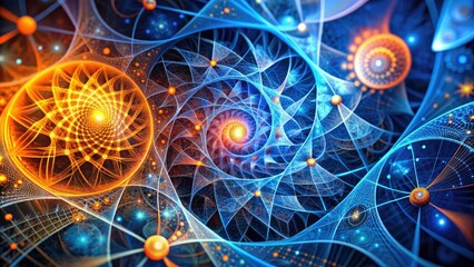 Vibrant abstract background featuring intricate geometric shapes, mathematical formulas, and swirling patterns in blue and orange hues, perfect for educational or scientific designs.