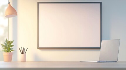 Blank canvas mockup with laptop and plant on desk