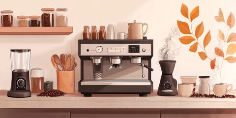 Illustrated coffee station with a modern espresso machine and warm autumn decor in a cozy kitchen