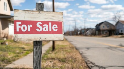 An image of a dilapidated neighborhood with multiple homes boarded up and "For Sale" signs in the windows, representing the widespread impact of foreclosures during a financial cri