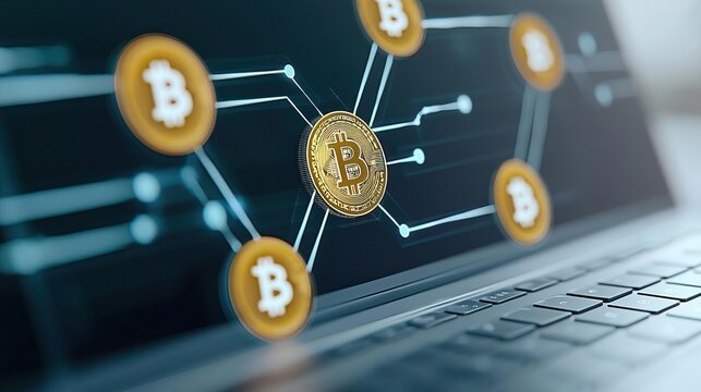 A concept image of a digital wallet interacting with a blockchain ledger, highlighting the secure and decentralized nature of transactions, with data streams flowing seamlessly bet