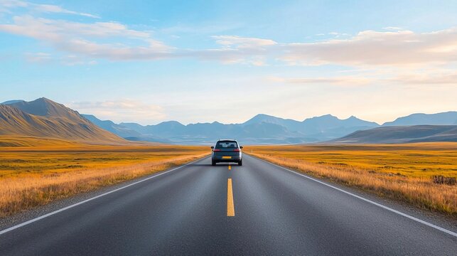 A single car driving on a long, straight road through a vast, open landscape.