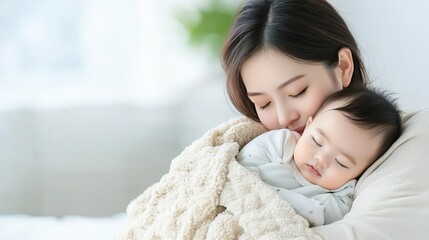 A mother cradles her sleeping baby in a blanket.