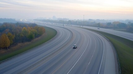 Fototapeta premium Empty highway with fog in the morning, aerial view.