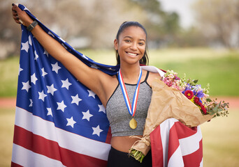 Woman, celebration and USA flag with medal as athlete for win, competition and sport achievement outdoor. American person, portrait and success with professional running, award and podium performance