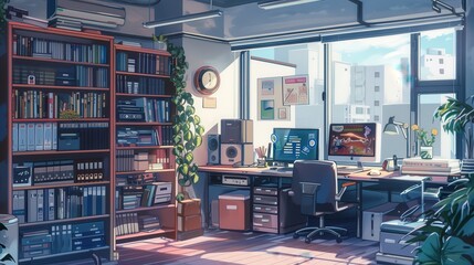 The workspace features a desk with a computer, bookshelves filled with folders, and bright sunlight pouring through large windows