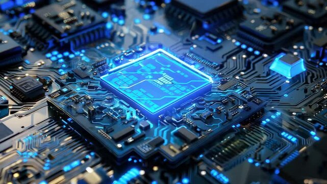 Close-up view of a glowing microchip on a circuit board, showcasing intricate designs and advanced technology.