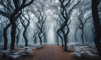A winding path disappears into the mist through a forest of contorted trees