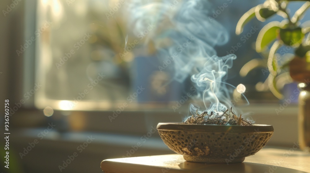 Poster a soothing trail of smoke ascends from an incense burner placed on a table, illuminated by warm sunl