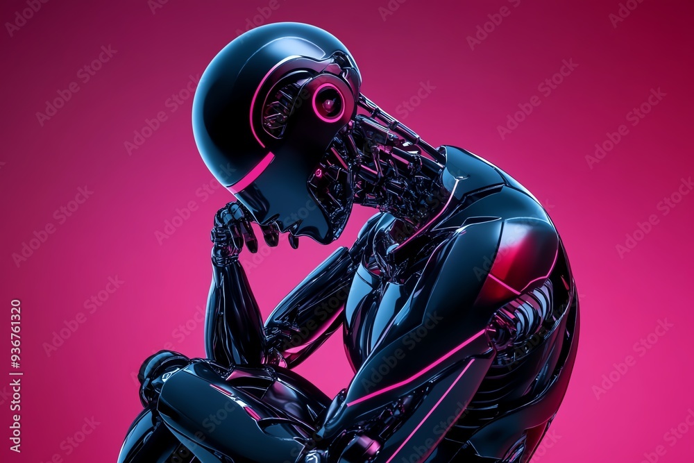 Poster a futuristic robot figure sits in contemplation against a vibrant pink backdrop, showcasing advanced