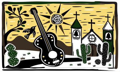 Brazilian cordel style. Landscape illustration. Sun, church and guitar. Woodcut style