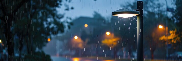 Solar-powered streetlight mounted on a pole during a rainy day