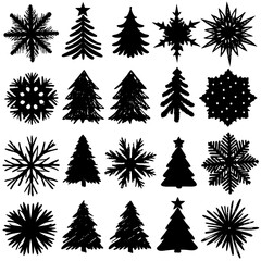 Obraz premium Silhouettes of Christmas trees and snowflakes on a white background