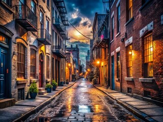 Naklejka premium Faded neon lights illuminate grime-stained streets, a symphony of chaos and decay.