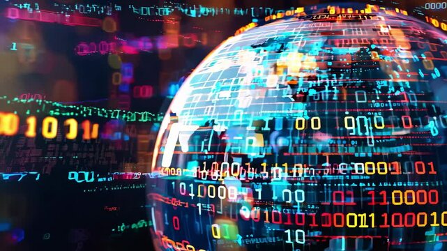 Digital world connected by binary code, symbolizing technology and data in a modern global network.