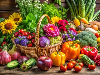 Fresh and vibrant, a medley of secondary colors unfolds, featuring an assortment of fruits, vegetables, herbs, and flowers.