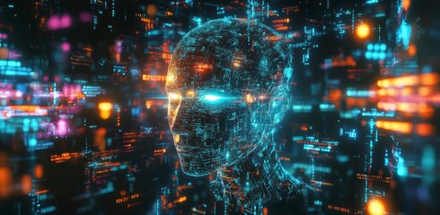 A holographic AI face surrounded by vibrant data streams, symbolizing the power of AI in technology and business