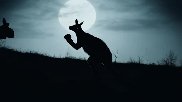Silhouette of a Kangaroo Boxing Under a Full Moon at Night Generative AI