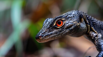 Obraz premium Close-up Portrait of a Black Lizard with Striking Red Eyes