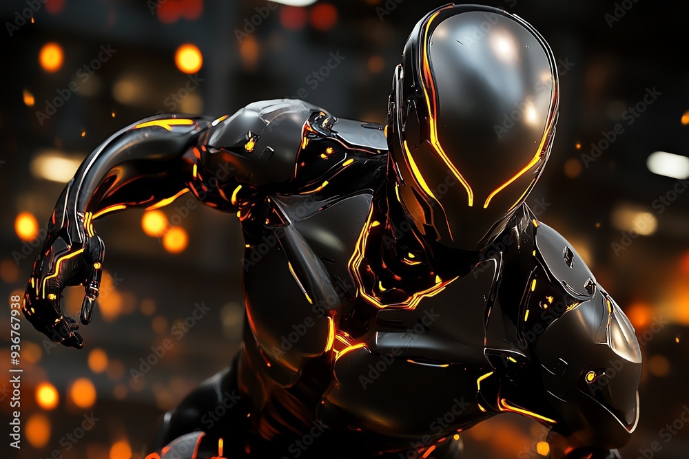 Poster A futuristic robotic figure in dynamic motion, showcasing sleek design and glowing accents against an illuminated backdrop.