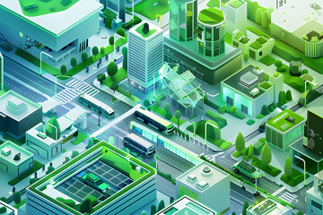 Smart Cityscape Depicting Innovative Urban Planning in a Tech-Driven, Eco-Friendly Environment with Connected Infrastructure and Green Buildings