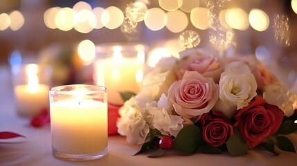 Obraz premium The centerpiece showcases a blend of roses, peonies, and candles, creating a warm ambiance for a special dinner