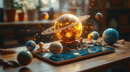 Tablet on classroom desk displays an augmented reality hologram with planets and cosmos, illustrating the use of AR technology for engaging and interactive learning experiences.