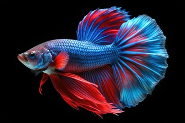 Fototapeta premium Vibrant blue and red Siamese fighting betta fish, Plakad isolates, swims alone in a dark black background, showcasing its majestic fins and intricate scales.